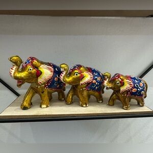 Raj Gold and Blue Hand painted Elephant Trio Good Luck Anthropologie Home